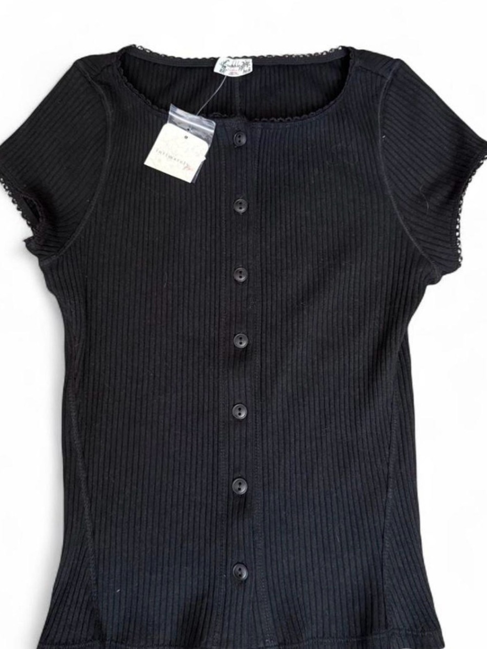 Free People Black Ribbed Button-Front Short Sleeve Top